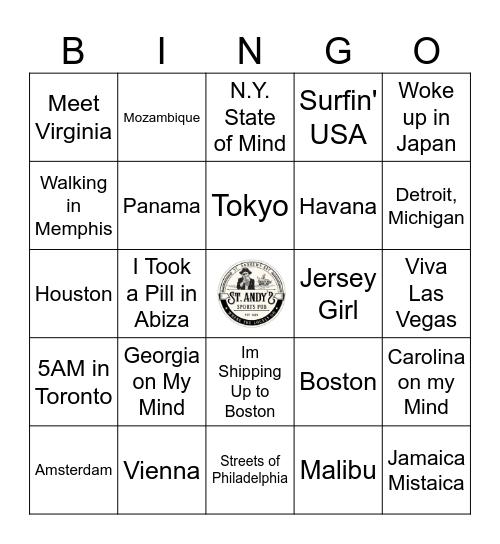 Top 50 Songs with a Location in Title Bingo Card