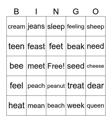 Vowel Digraphs -ee and -ea Bingo Card