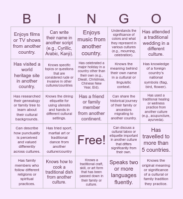 Exploring Culture Bingo Card