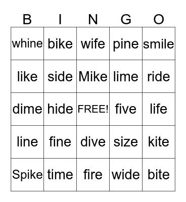 Long I Bingo Card