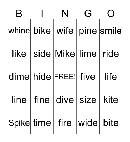 Long I Bingo Card