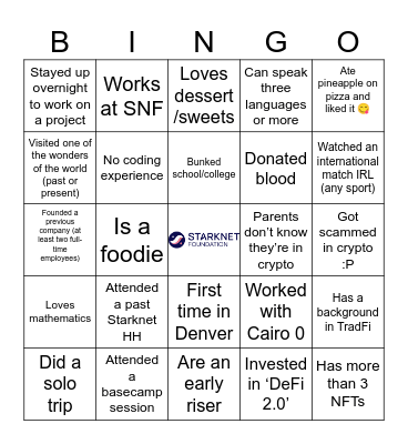 Starknet Denver Hacker House Bingo Card