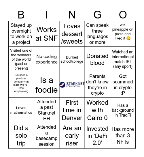 Starknet Denver Hacker House Bingo Card