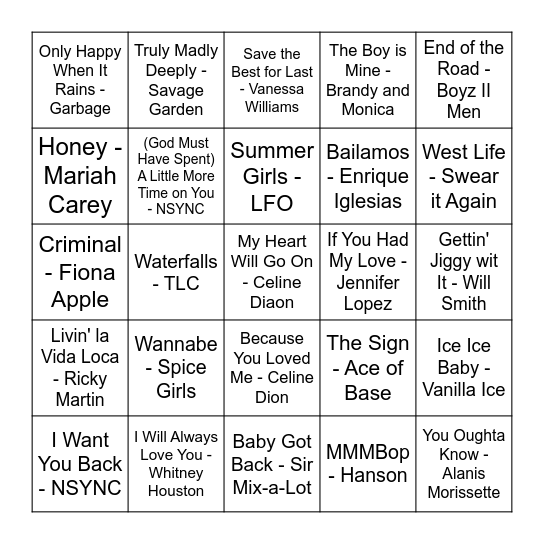 90's Bingo Card