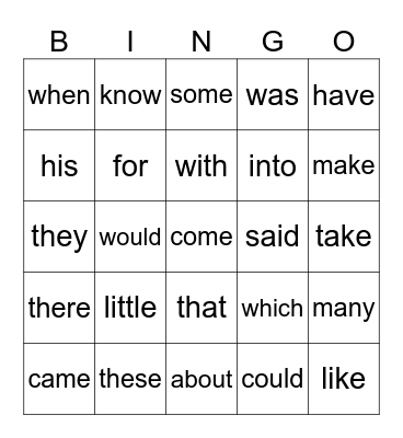 Heart Word Bingo Card