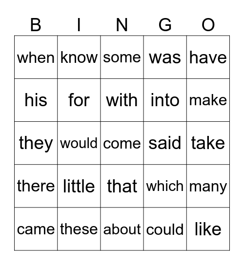 Heart Word Bingo Card