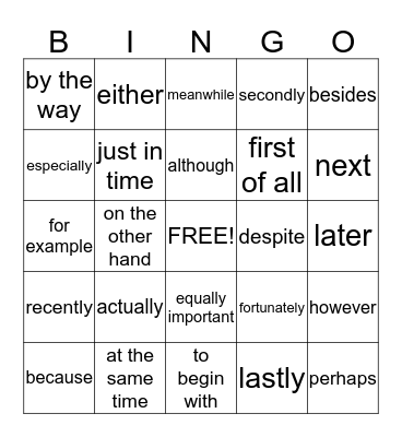 Fantastic Transition Words! Bingo Card