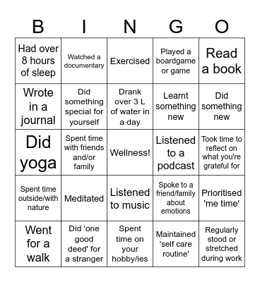 Wellness Bingo Card