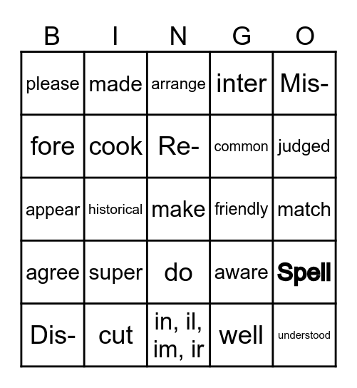 Prefixes Bingo Card