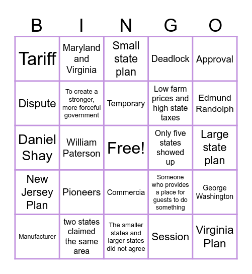 Life after the Revolutionary War Bingo Card