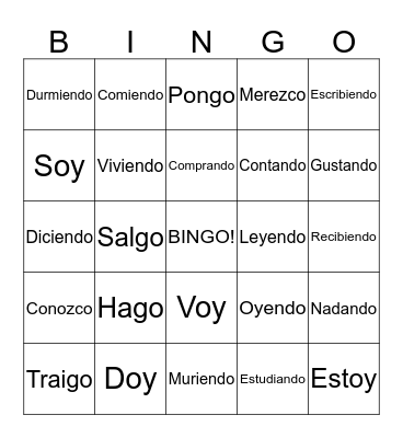 Presente Progresivo y Yo Irregular Bingo Card