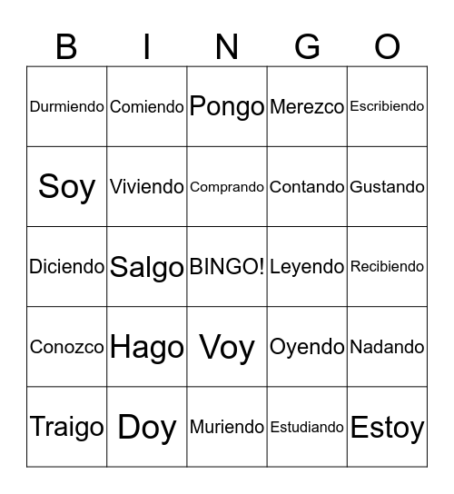Presente Progresivo y Yo Irregular Bingo Card