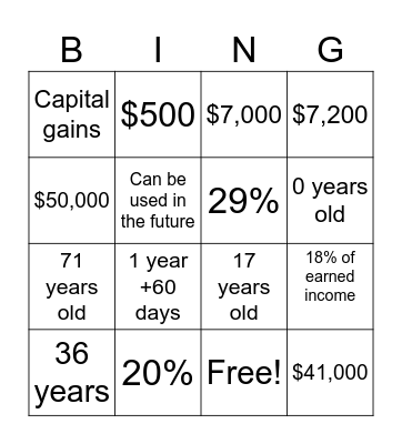 RRSP, RESP, TFSA Bingo Card