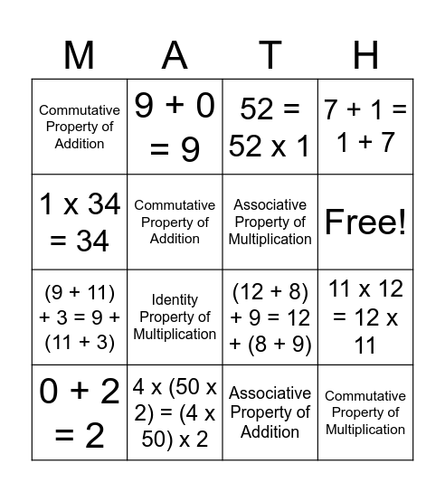 Properties Math-O Bingo Card