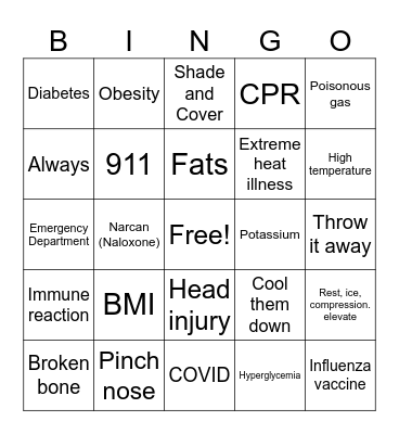 First Aid Bingo Card