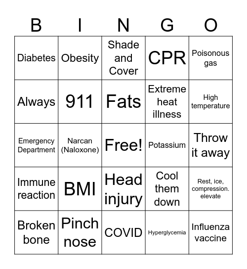 First Aid Bingo Card