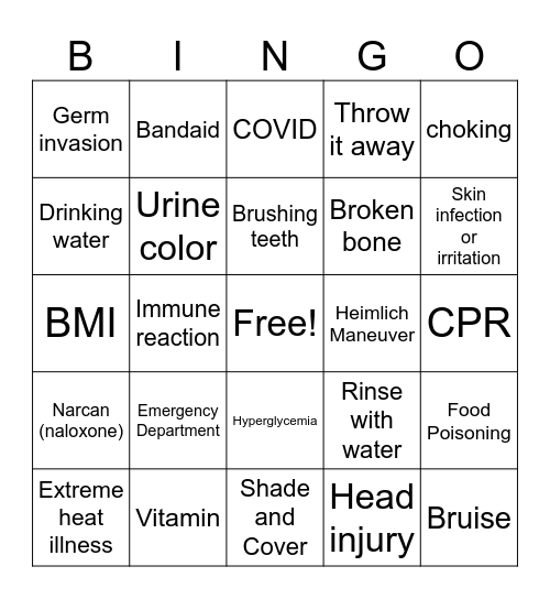 First Aid Bingo Card