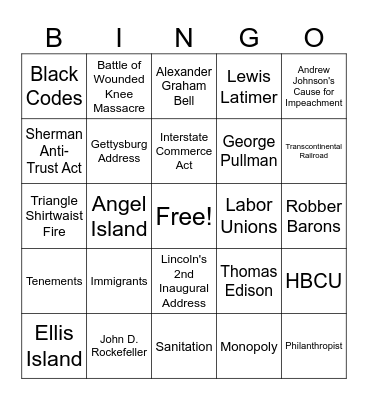 Reconstruction to the Industrial Revolution Bingo Card