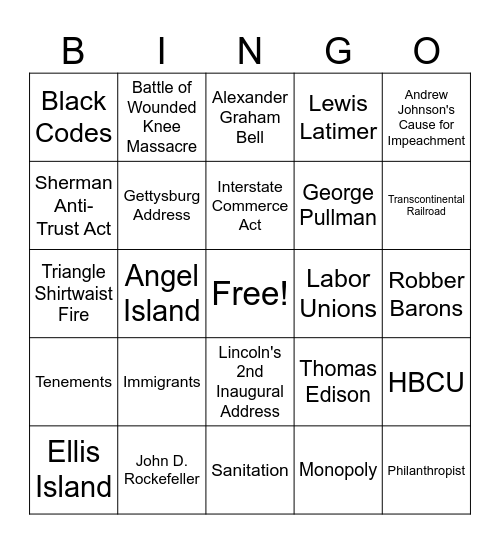 Reconstruction to the Industrial Revolution Bingo Card