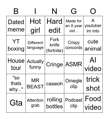 Youtube shorts bingo Card