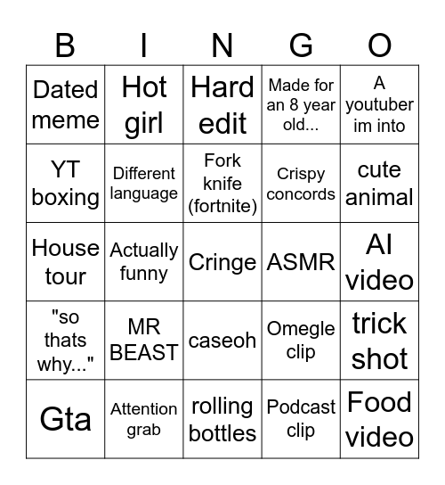 Youtube shorts bingo Card