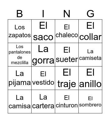 Spanish  Bingo Card