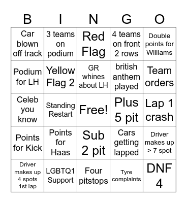 FXX F1 Bahrain Bingo Card