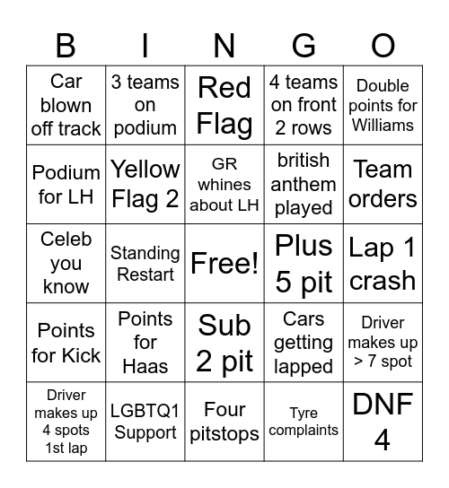 FXX F1 Bahrain Bingo Card