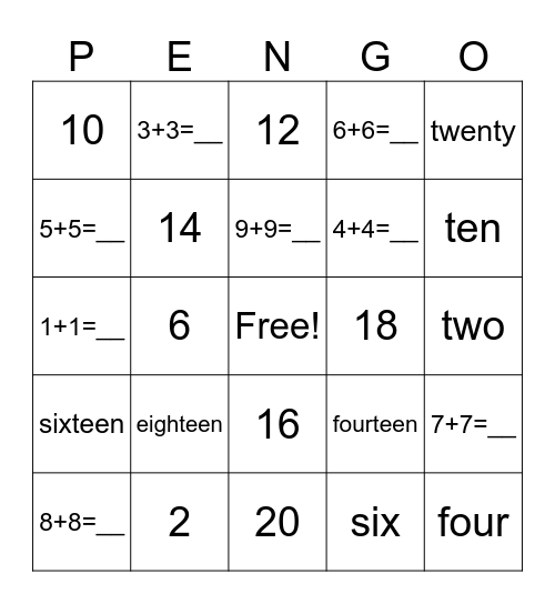 Penguin Egg Doubles Bingo Card