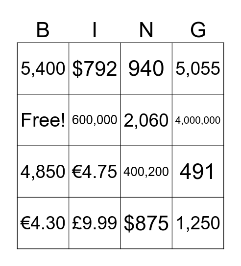 Money and High Numbers Bingo Card