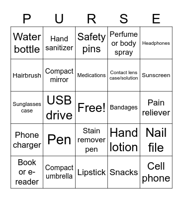 ITEMS FOUND IN A PURSE Bingo Card