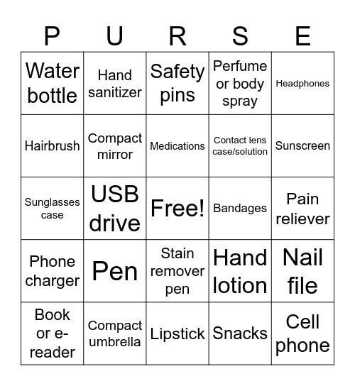 ITEMS FOUND IN A PURSE Bingo Card