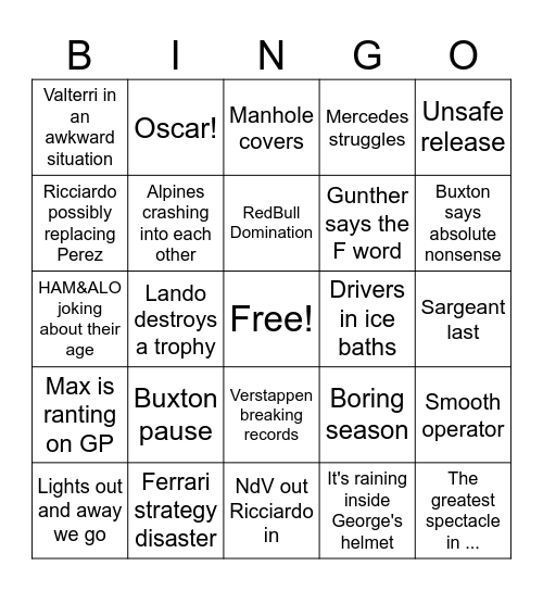 Drive to Survice Season 6 Bingo Card
