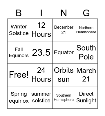 Earth rotation/revolution Bingo Card