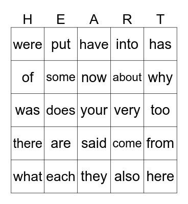 Heart Word Bingo Card