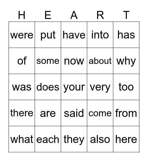 Heart Word Bingo Card