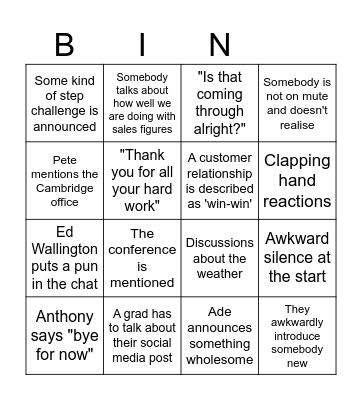 Company Update Call Bingo Card