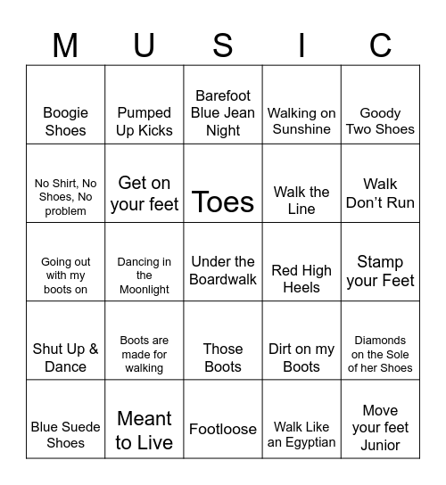 Boots, Shoes, Feet, Walking Bingo Card