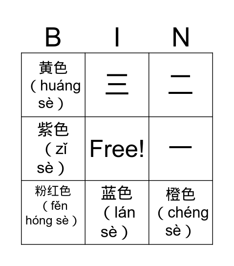 数字（shù zì） Bingo Card