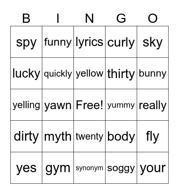 'y' Bingo Card