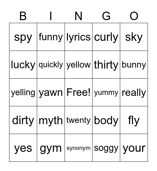 'y' Bingo Card