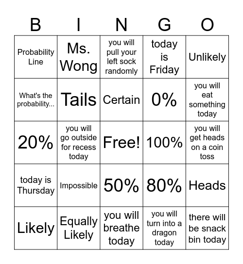 Probability #2 Bingo Card