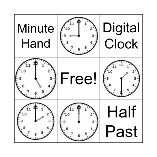 Telling Time Hour/Half Hour Bingo Card