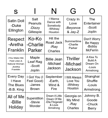 Black History Month Musicians Singo Bingo Card