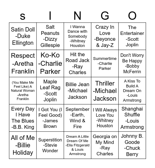 Black History Month Musicians Singo Bingo Card