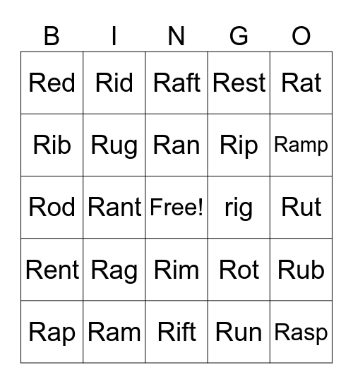 Letter R Bingo Card