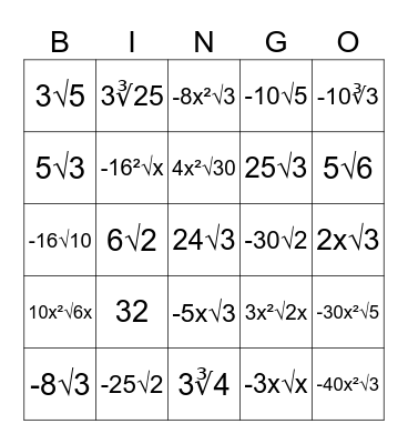 Radical Multiplication Bingo Card