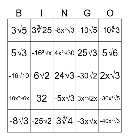 Radical Multiplication Bingo Card