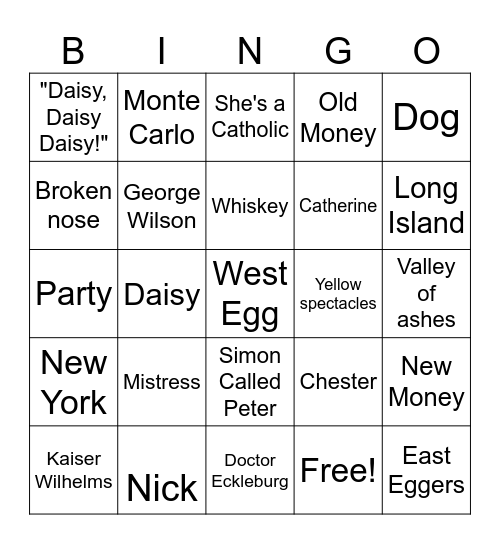 The Great Gatsby Chapter 2 Bingo Card