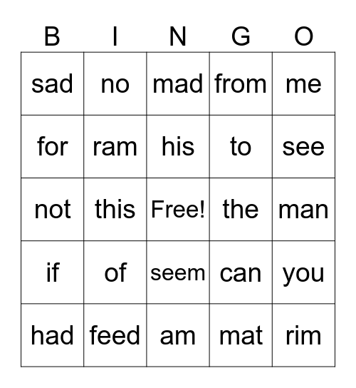 1st Grade Reading Intervention Bingo Card